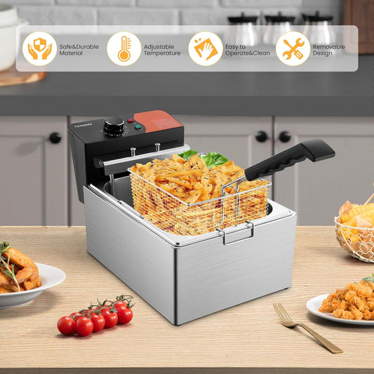 TANGME Commercial Deep Fryer, 1700W Electric Countertop Fryer 10.35QT with 6.35QT Baskets Stainless Steel Oil Fryer with Temperature Limiter for Home Kitchen and Restaurant