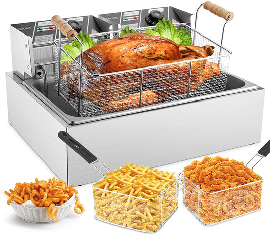 TANGME Commercial Deep Fryer, 3400w Electric Turkey Fryer with 3 Baskets, 22L/23.25Qt 1mm Thickened Stainless Steel Countertop Single Oil Fryer with Temperature Limiter for Restaurant, UL Certified