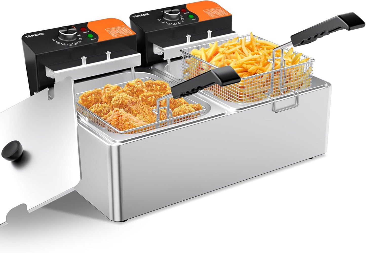 TANGME Commercial Deep Fryer, 3400W Electric Countertop Fryer 20.7QT with 6.35QTx2 Baskets Stainless Steel Oil Fryer with Temperature Limiter for Home Kitchen and Restaurant 