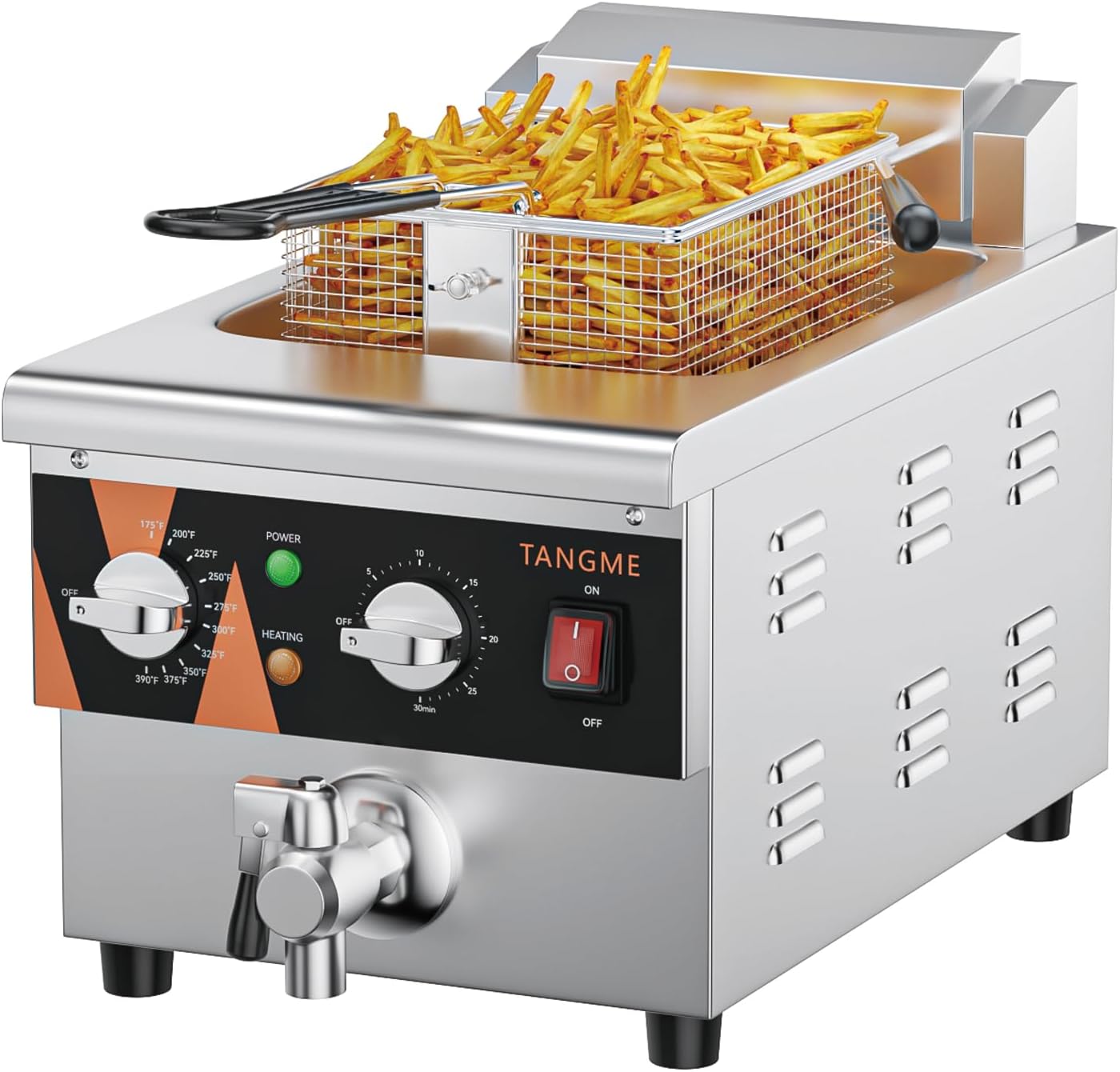 TANGME Commercial Deep Fryer with Drain, 12.7Qt Electric Countertop Fryer 1800W Stainless Steel Oil Fryer with Draining Valve, Temp & Time Control for Restaurant, UL