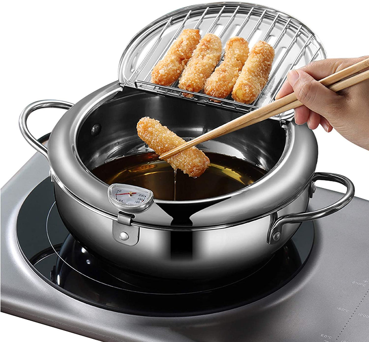 Deep Fryer Pot - Japanese Tempura Small Stainless Steel Deep Frying Pot With Thermometer,Lid And Oil Drip Drainer Rack for French Fries Chicken Wings and Shrimp (24cm/9.4inch)