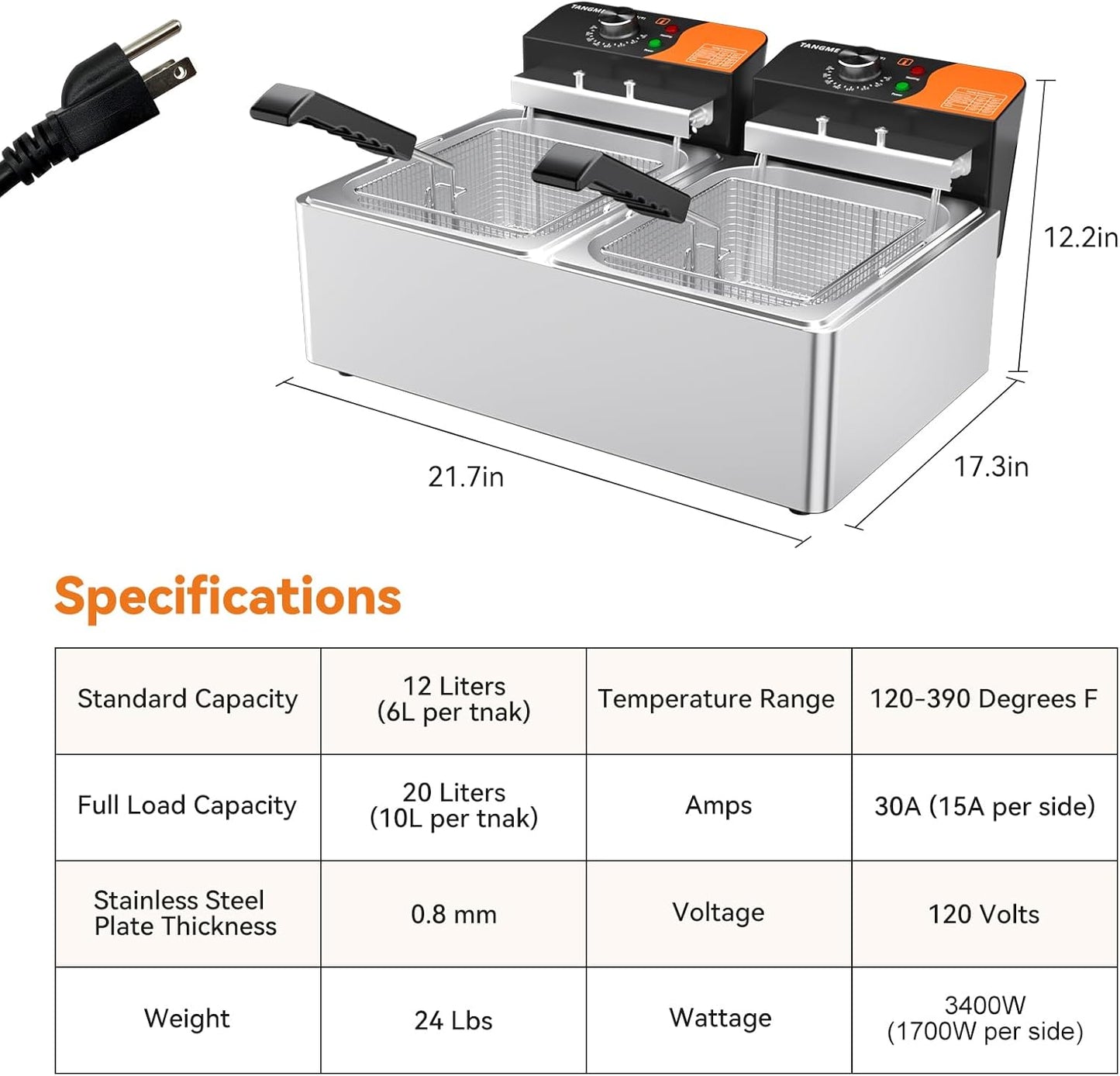 TANGME Commercial Deep Fryer, 3400W Electric Countertop Fryer 20.7QT with 6.35QTx2 Baskets Stainless Steel Oil Fryer with Temperature Limiter for Home Kitchen and Restaurant 