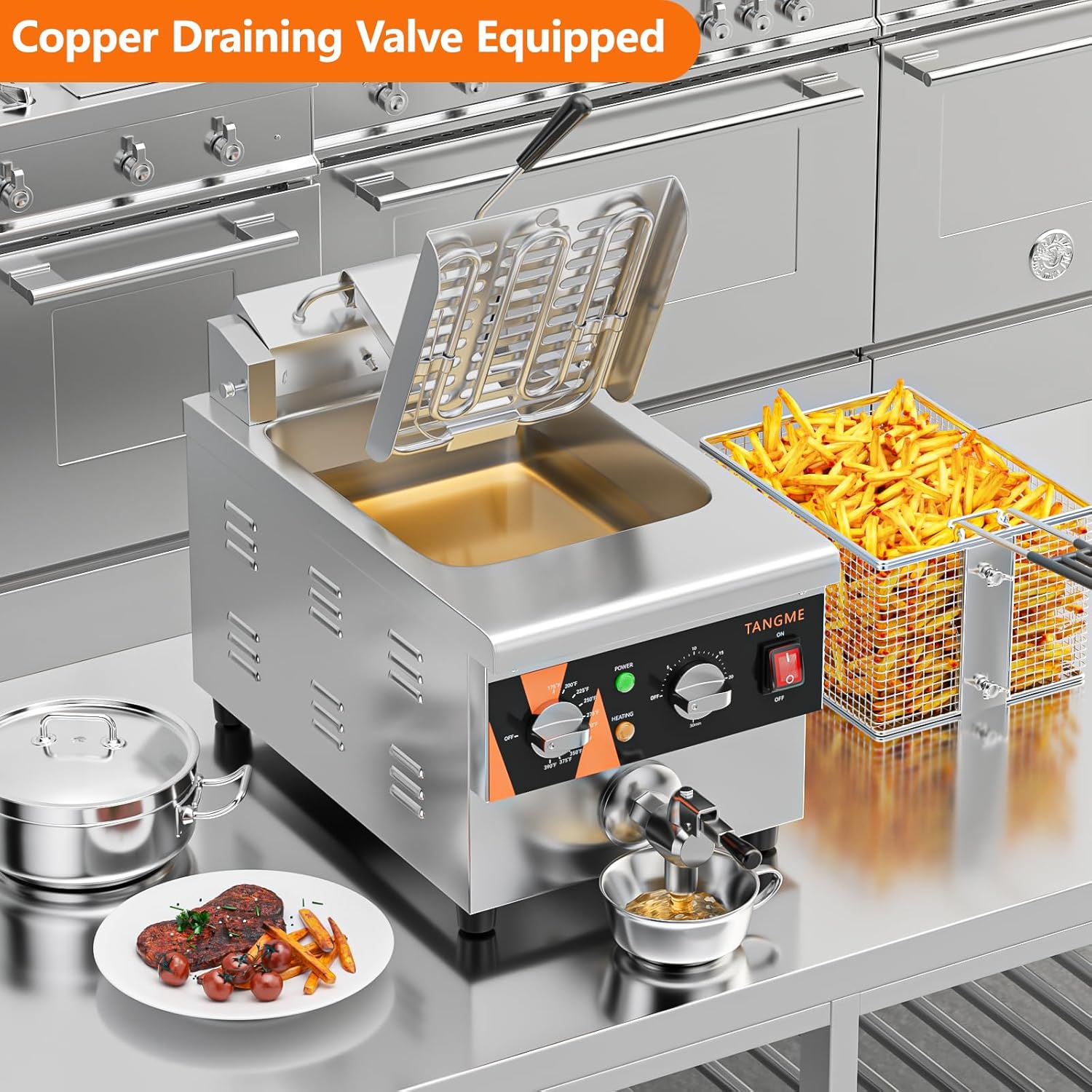 TANGME Commercial Deep Fryer with Drain, 12.7Qt Electric Countertop Fryer 1800W Stainless Steel Oil Fryer with Draining Valve, Temp & Time Control for Restaurant, UL