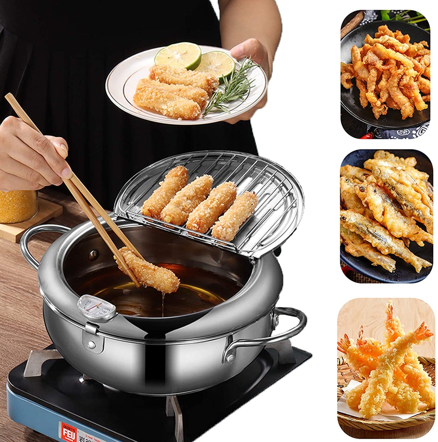 Deep Fryer Pot - Japanese Tempura Small Stainless Steel Deep Frying Pot With Thermometer,Lid And Oil Drip Drainer Rack for French Fries Chicken Wings and Shrimp (24cm/9.4inch)