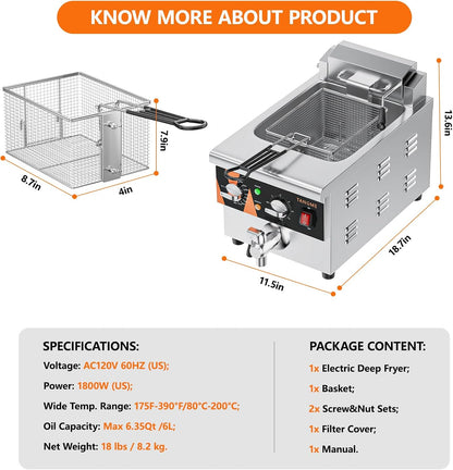 TANGME Commercial Deep Fryer with Drain, 12.7Qt Electric Countertop Fryer 1800W Stainless Steel Oil Fryer with Draining Valve, Temp & Time Control for Restaurant, UL