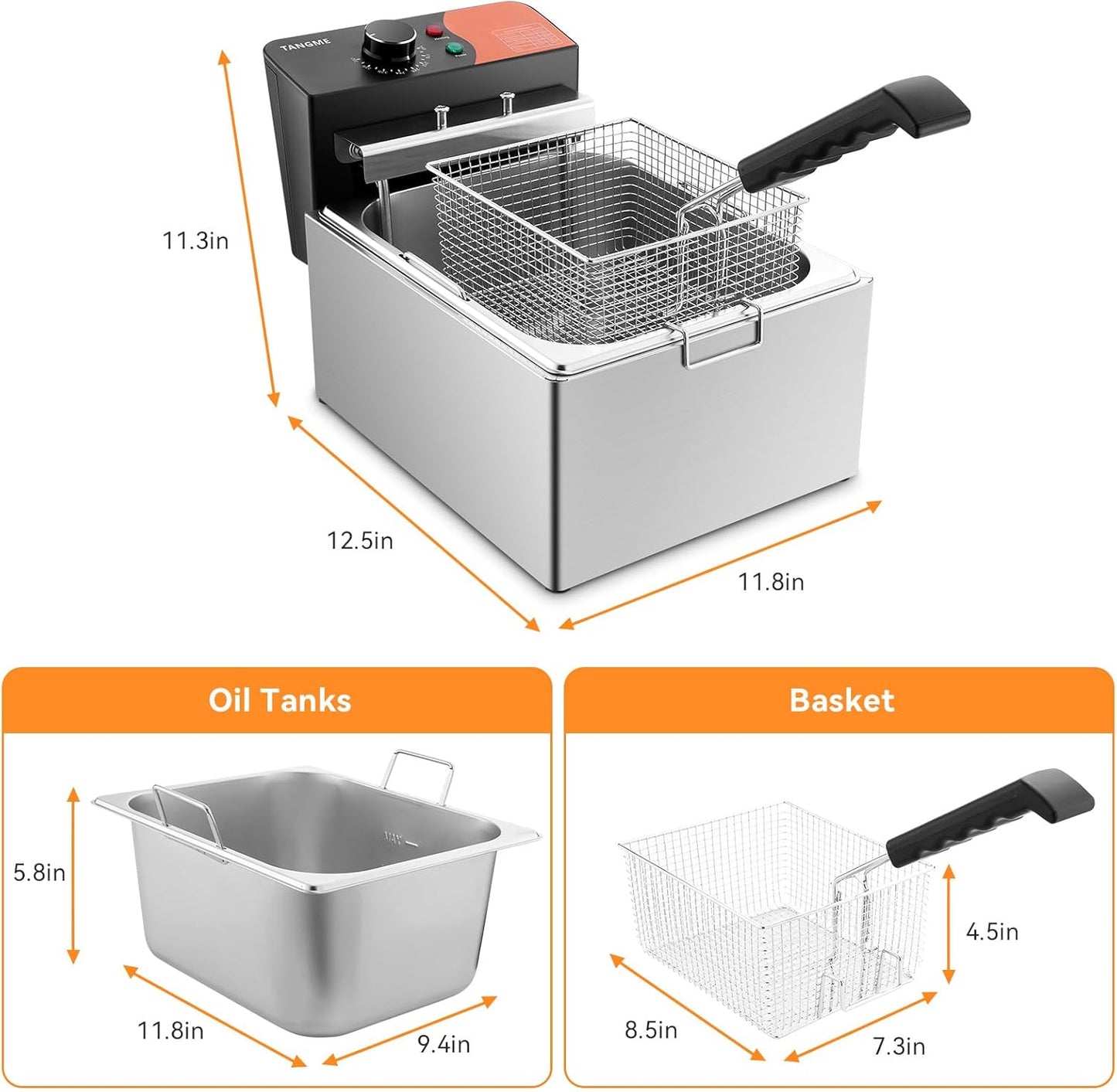 TANGME Commercial Deep Fryer, 1700W Electric Countertop Fryer 10.35QT with 6.35QT Baskets Stainless Steel Oil Fryer with Temperature Limiter for Home Kitchen and Restaurant