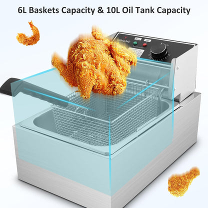 Deep Fryer with Basket 10L/12.7QT 1700W Electric Deep Fryers 0.7mm Thickened Stainless Steel Countertop Oil Fryer Large Capacity for Home and Commercial Use with Temperature Limiter (6L)