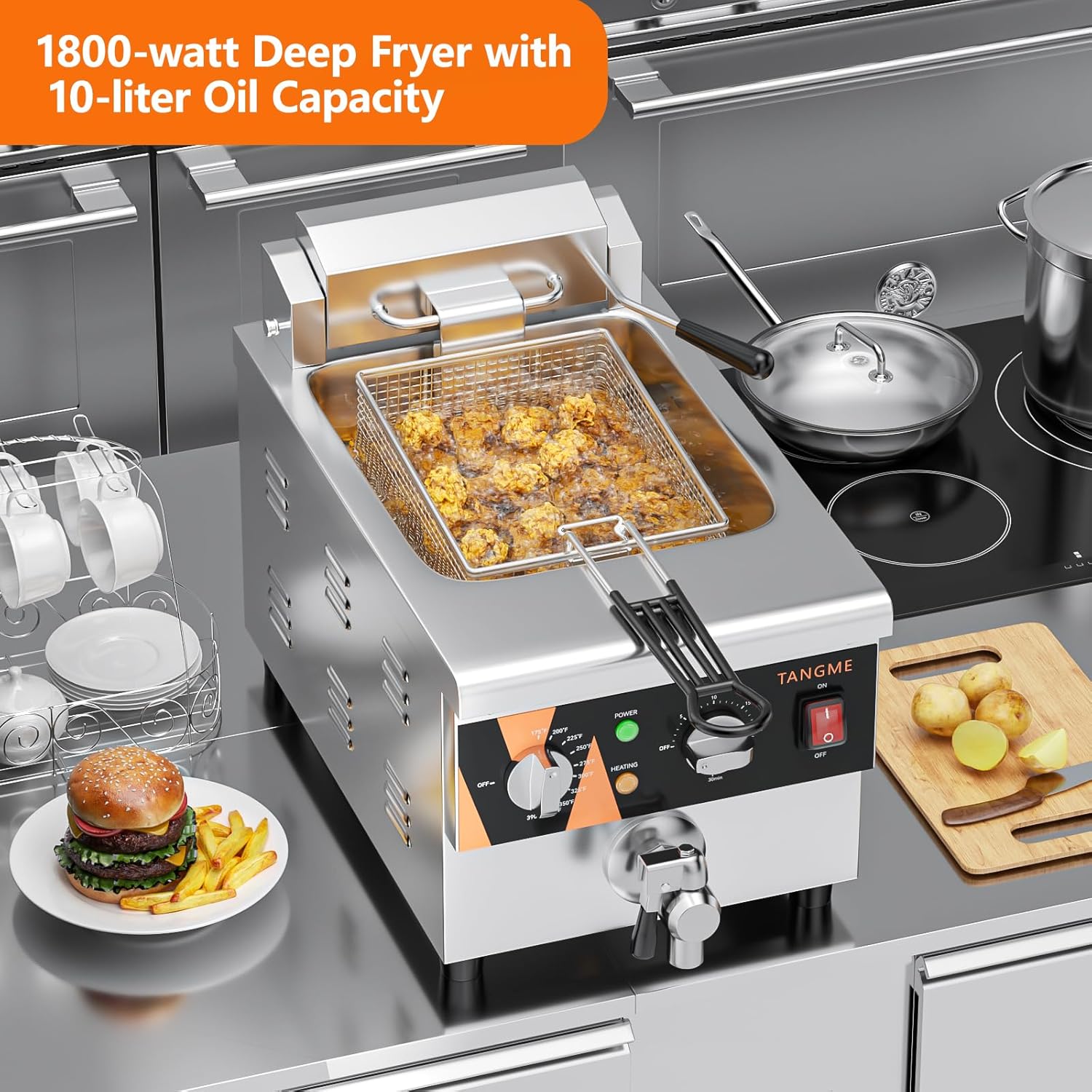 TANGME Commercial Deep Fryer with Drain, 12.7Qt Electric Countertop Fryer 1800W Stainless Steel Oil Fryer with Draining Valve, Temp & Time Control for Restaurant, UL