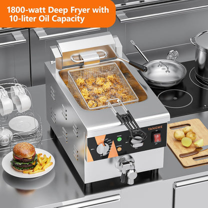 TANGME Commercial Deep Fryer with Drain, 12.7Qt Electric Countertop Fryer 1800W Stainless Steel Oil Fryer with Draining Valve, Temp & Time Control for Restaurant, UL