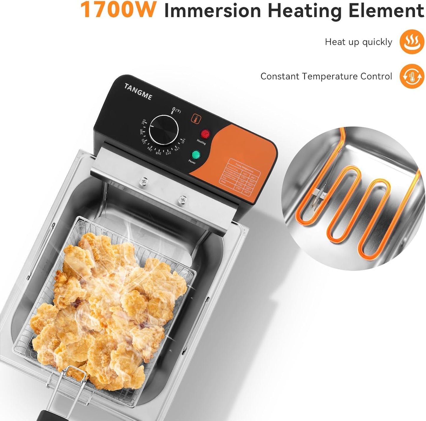 TANGME Commercial Deep Fryer, 1700W Electric Countertop Fryer 10.35QT with 6.35QT Baskets Stainless Steel Oil Fryer with Temperature Limiter for Home Kitchen and Restaurant