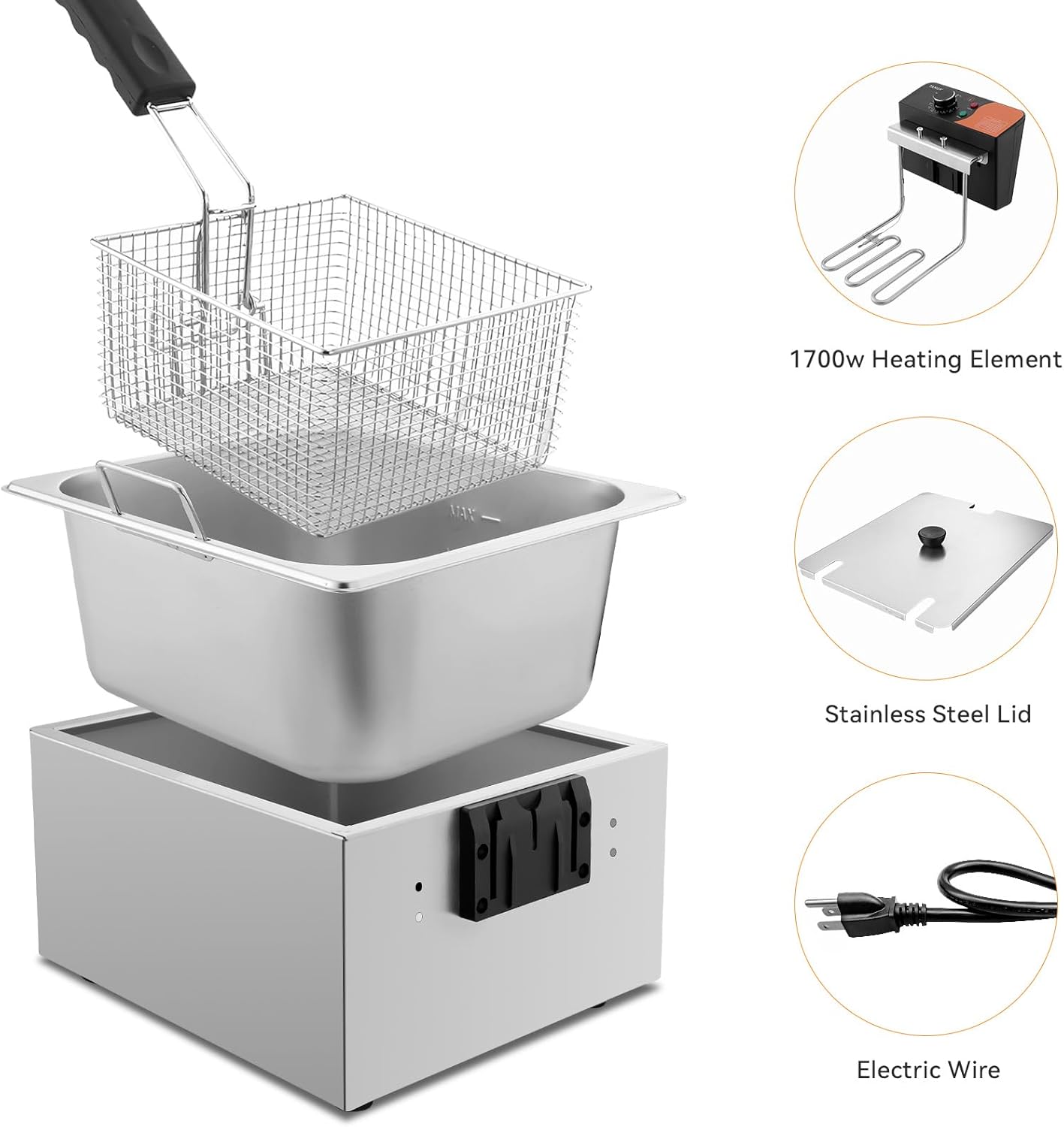 TANGME Commercial Deep Fryer, 1700W Electric Countertop Fryer 10.35QT with 6.35QT Baskets Stainless Steel Oil Fryer with Temperature Limiter for Home Kitchen and Restaurant