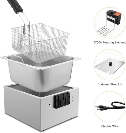 TANGME Commercial Deep Fryer, 1700W Electric Countertop Fryer 10.35QT with 6.35QT Baskets Stainless Steel Oil Fryer with Temperature Limiter for Home Kitchen and Restaurant