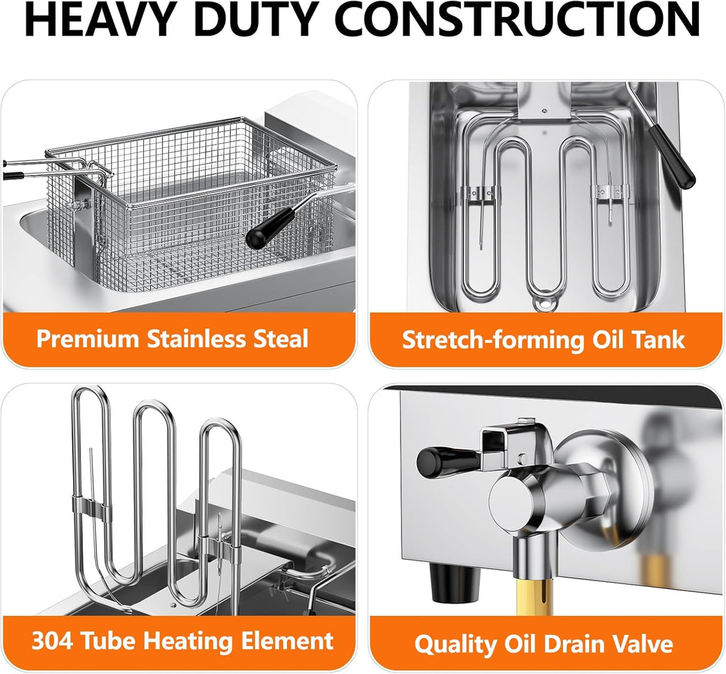 TANGME Commercial Deep Fryer with Drain, 12.7Qt Electric Countertop Fryer 1800W Stainless Steel Oil Fryer with Draining Valve, Temp & Time Control for Restaurant, UL