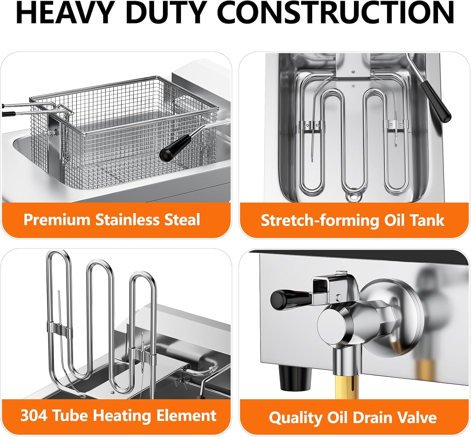 TANGME Commercial Deep Fryer with Drain, 12.7Qt Electric Countertop Fryer 1800W Stainless Steel Oil Fryer with Draining Valve, Temp & Time Control for Restaurant, UL