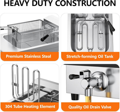 TANGME Commercial Deep Fryer with Drain, 12.7Qt Electric Countertop Fryer 1800W Stainless Steel Oil Fryer with Draining Valve, Temp & Time Control for Restaurant, UL