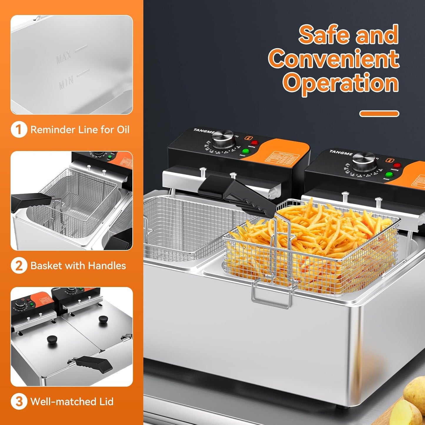 TANGME Commercial Deep Fryer, 3400W Electric Countertop Fryer 20.7QT with 6.35QTx2 Baskets Stainless Steel Oil Fryer with Temperature Limiter for Home Kitchen and Restaurant 