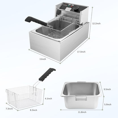 Deep Fryer with Basket 10L/12.7QT 1700W Electric Deep Fryers 0.7mm Thickened Stainless Steel Countertop Oil Fryer Large Capacity for Home and Commercial Use with Temperature Limiter (6L)