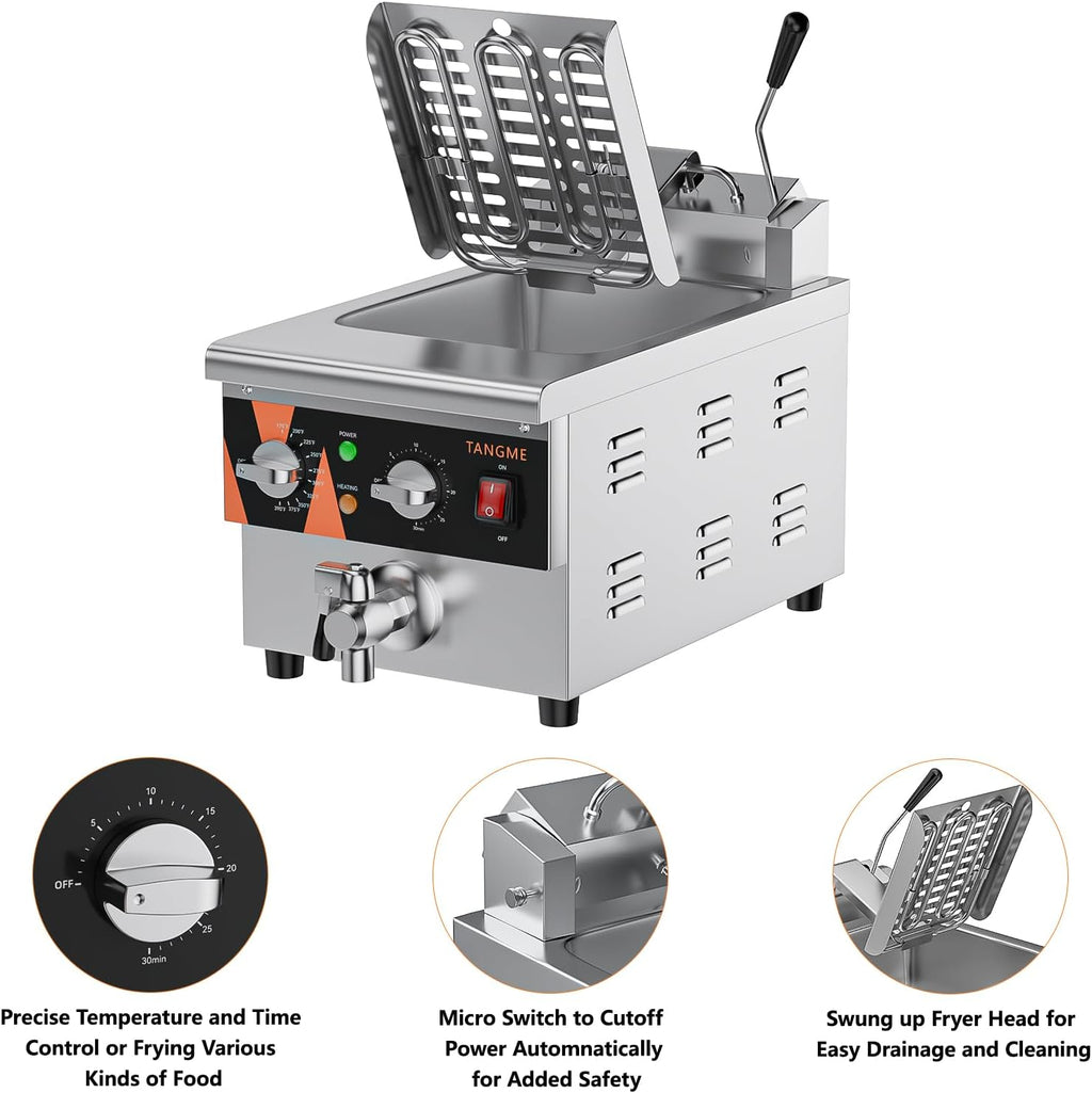TANGME Commercial Deep Fryer with Drain, 12.7Qt Electric Countertop Fryer 1800W Stainless Steel Oil Fryer with Draining Valve, Temp & Time Control for Restaurant, UL