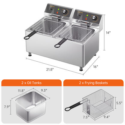 Commercial Deep Fryer 3500W Electric Countertop Fryer 25.4Qt Heavy Duty Large Stainless Steel Deep Fryers with Double Baskets, Lid and High Legs for Restaurant, UL Certified