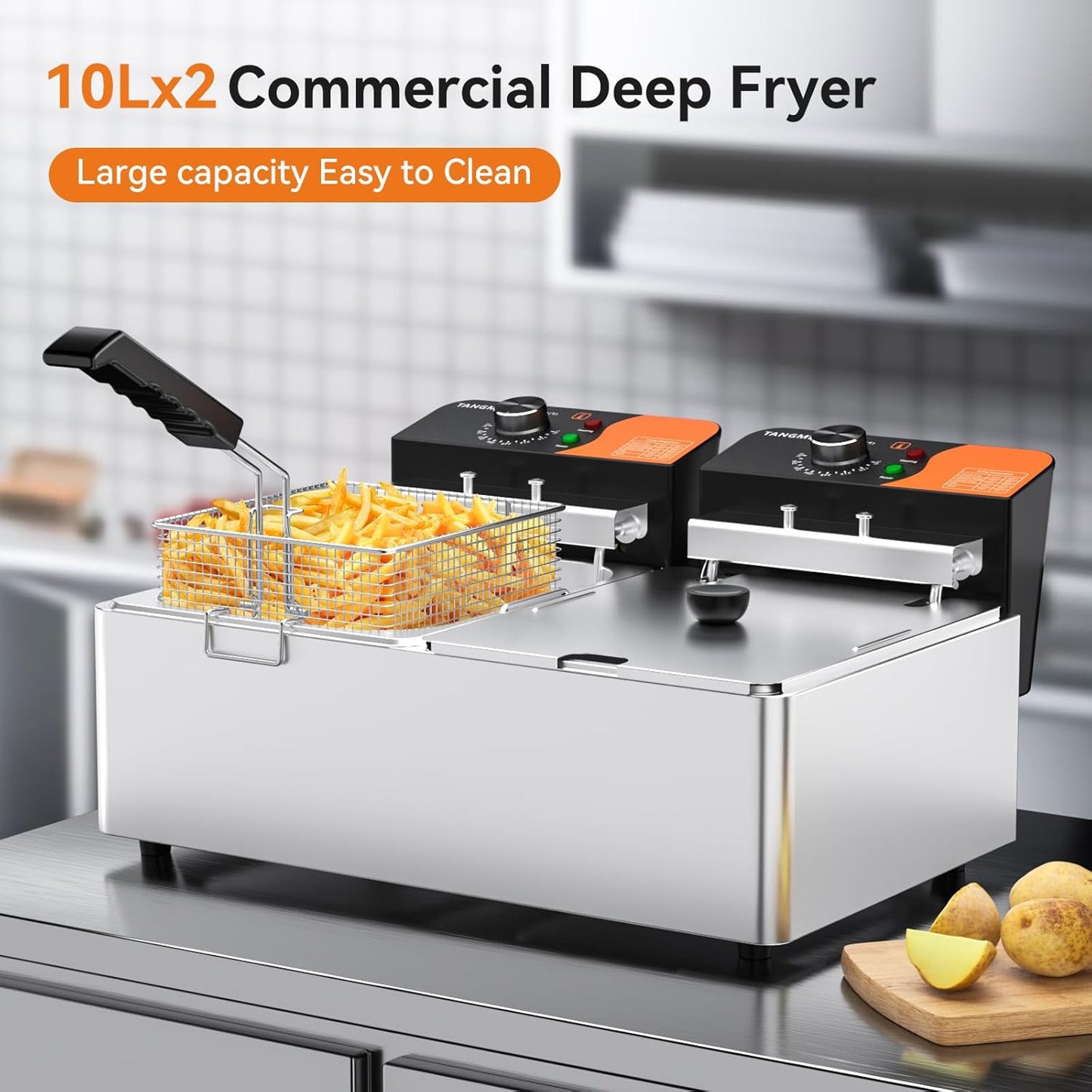 TANGME Commercial Deep Fryer, 3400W Electric Countertop Fryer 20.7QT with 6.35QTx2 Baskets Stainless Steel Oil Fryer with Temperature Limiter for Home Kitchen and Restaurant 