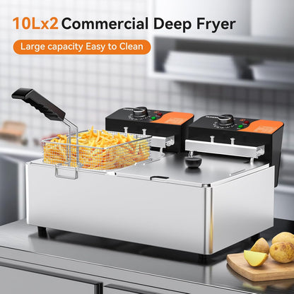 TANGME Commercial Deep Fryer, 3400W Electric Countertop Fryer 20.7QT with 6.35QTx2 Baskets Stainless Steel Oil Fryer with Temperature Limiter for Home Kitchen and Restaurant 