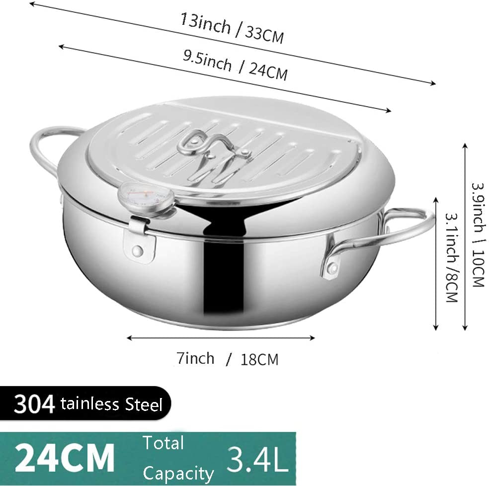 Deep Fryer Pot - Japanese Tempura Small Stainless Steel Deep Frying Pot With Thermometer,Lid And Oil Drip Drainer Rack for French Fries Chicken Wings and Shrimp (24cm/9.4inch)