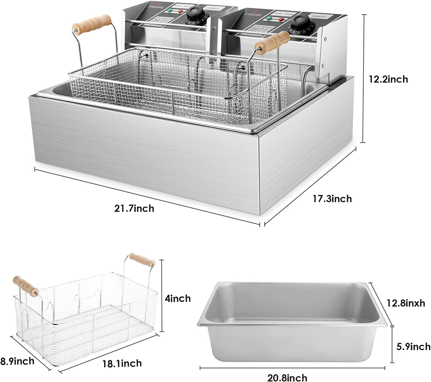 TANGME Commercial Deep Fryer, 3400w Electric Turkey Fryer with 3 Baskets, 22L/23.25Qt 1mm Thickened Stainless Steel Countertop Single Oil Fryer with Temperature Limiter for Restaurant, UL Certified