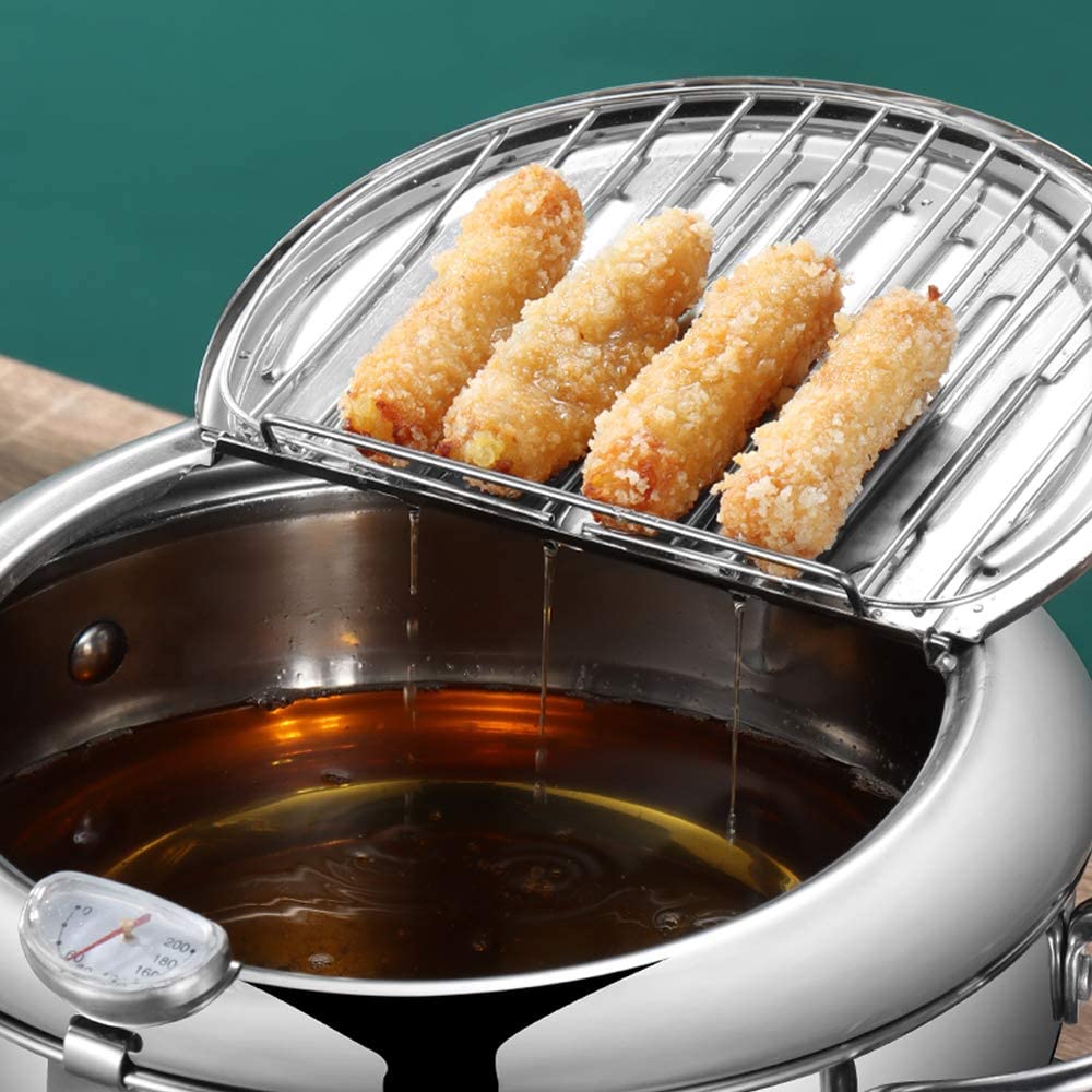 Deep Fryer Pot - Japanese Tempura Small Stainless Steel Deep Frying Pot With Thermometer,Lid And Oil Drip Drainer Rack for French Fries Chicken Wings and Shrimp (24cm/9.4inch)