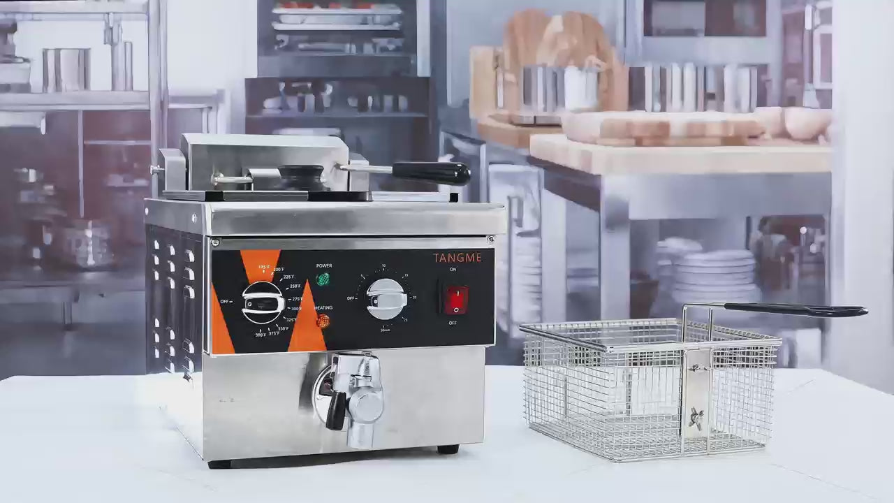 TANGME Commercial Deep Fryer with Drain, 12.7Qt Electric Countertop Fryer 1800W Stainless Steel Oil Fryer with Draining Valve, Temp & Time Control for Restaurant, UL