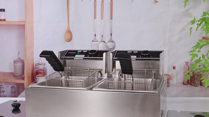 Commercial Deep Fryer - 3400W Electric Deep Fryers with 2x6.35QT Baskets 0.8mm Thickened Stainless Steel Countertop Oil Fryer 20.7QT Large Capacity with Temperature Limiter (12L)